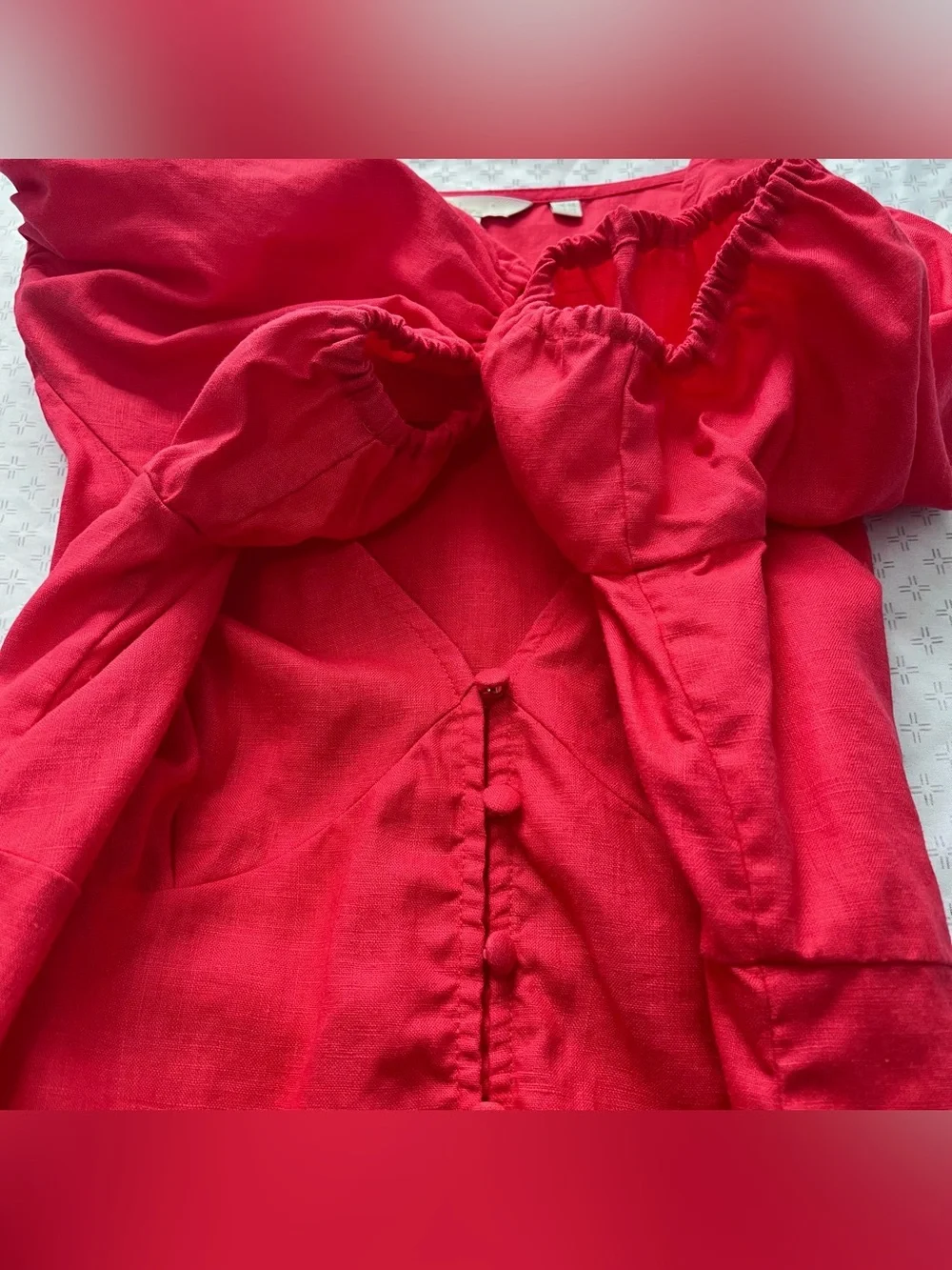 Boden Red Linen V-Neck Puff Sleeve Button Front Top Womens US 10 UK 14
